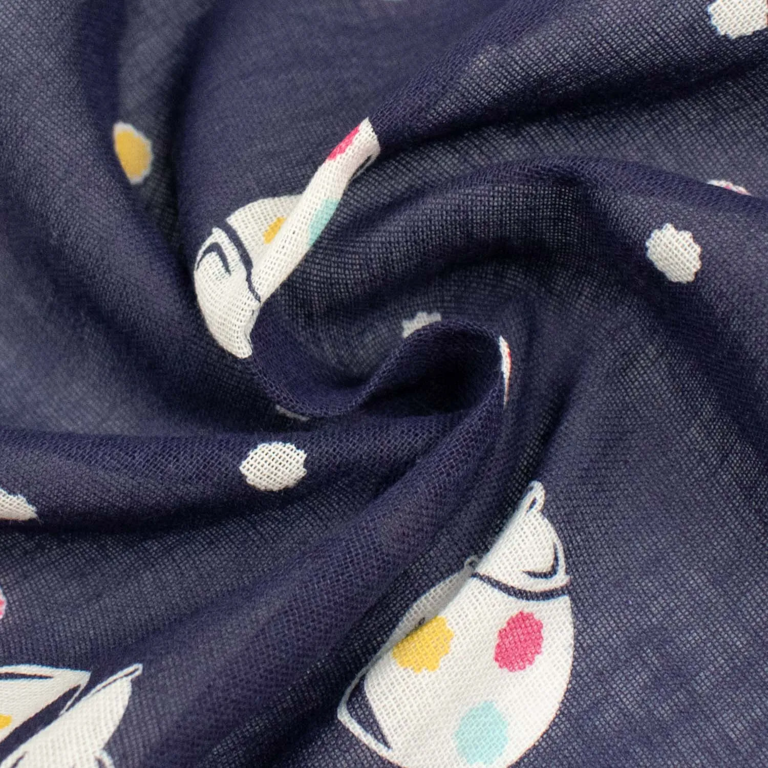 Printed Cotton Voile Design-42 White Candy Jar & Multi Colour Dots on Navy