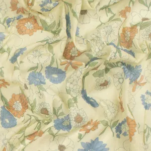 Printed Cotton Voile Design-65 Blue & Orange Florals on Light Yellow