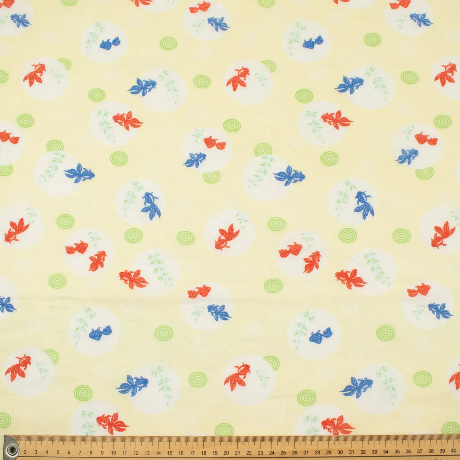 Printed Cotton Voile Design-80 Blue & Red Goldfish on Pale Yellow