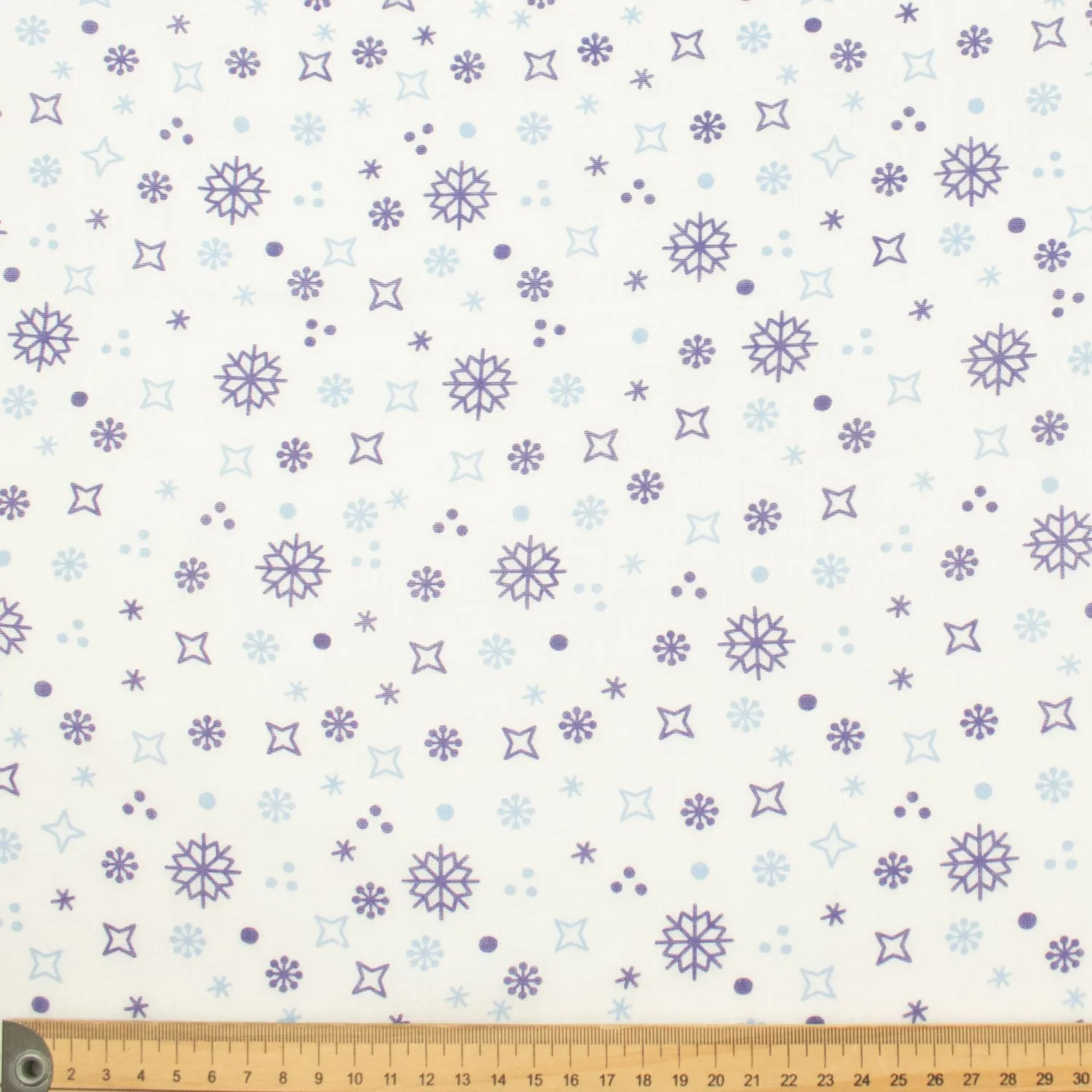 Printed Cotton Voile Design-85 Purple & Blue Snowflakes on White