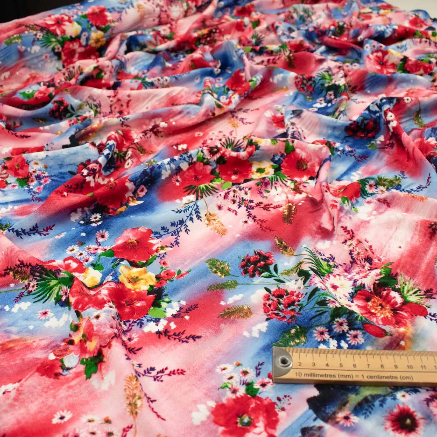 Printed Rayon Design-18 Red Flowers on Blue Wave