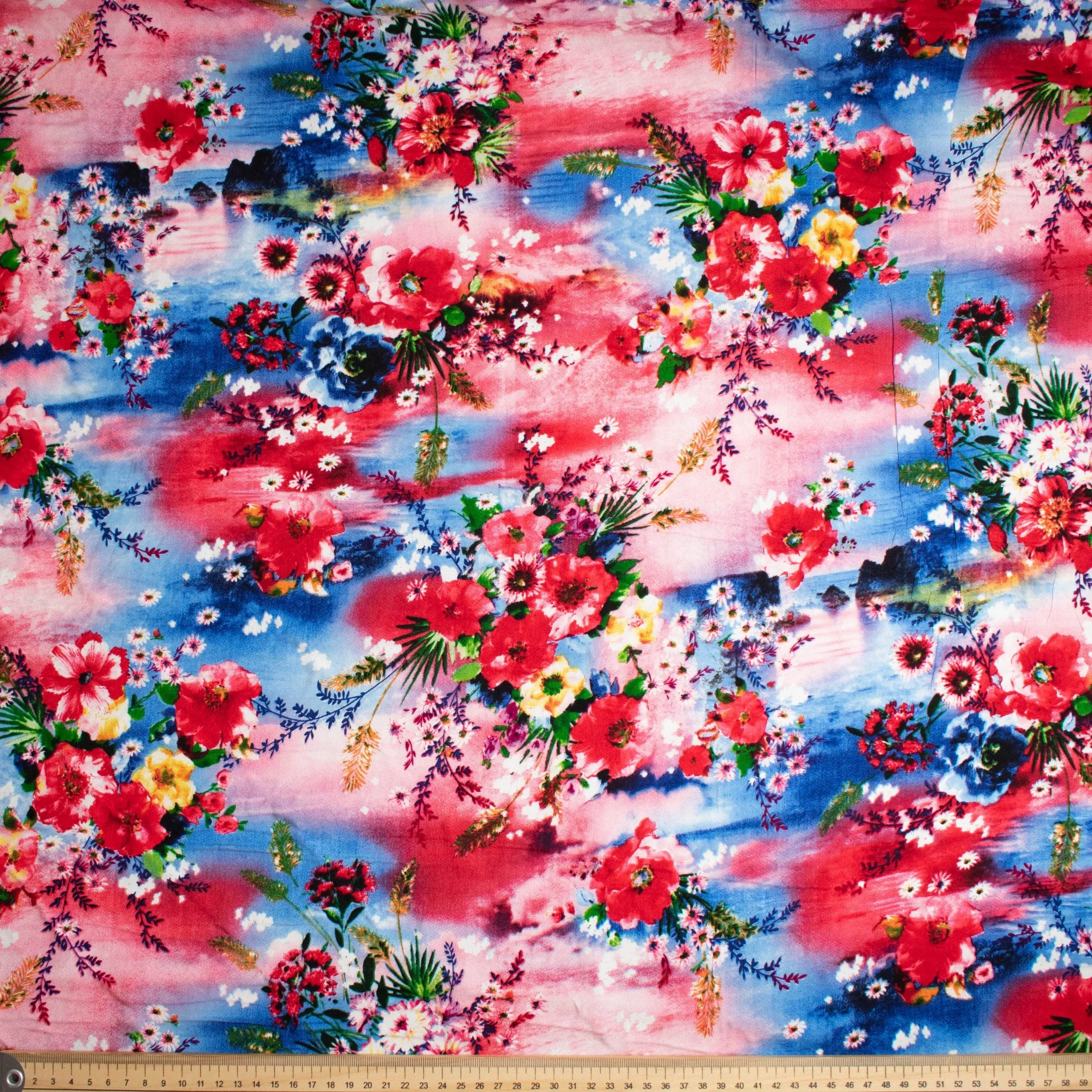 Printed Rayon Design-18 Red Flowers on Blue Wave