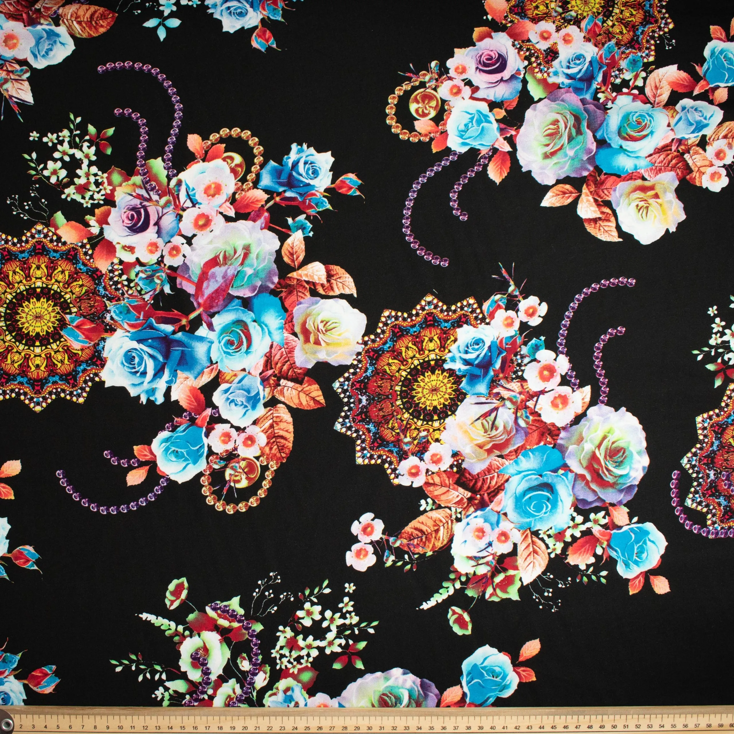 Printed Rayon Design-24 Blue Roses on Black