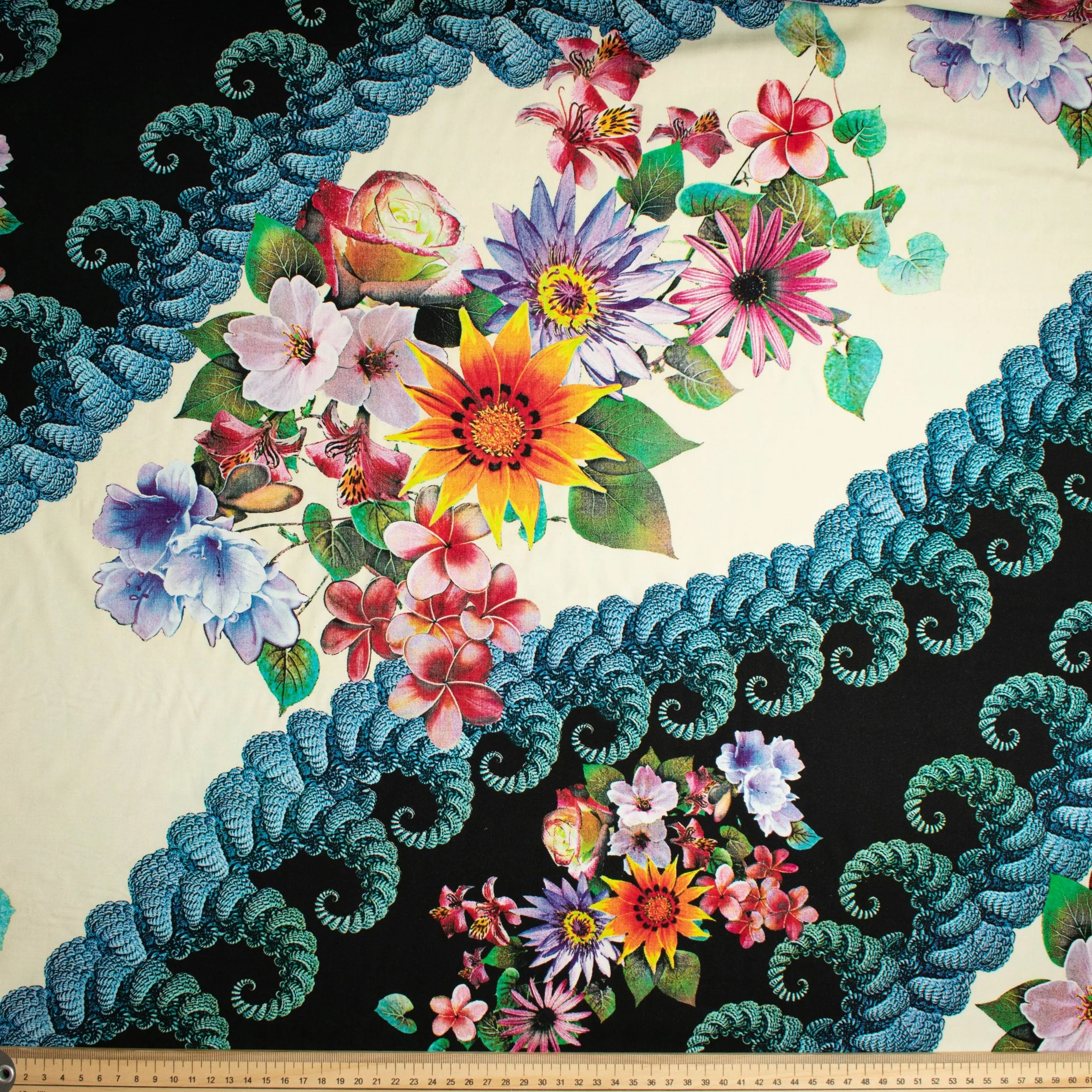 Printed Rayon Design-35 Multicolor Flowers on Cream & Blue Waves