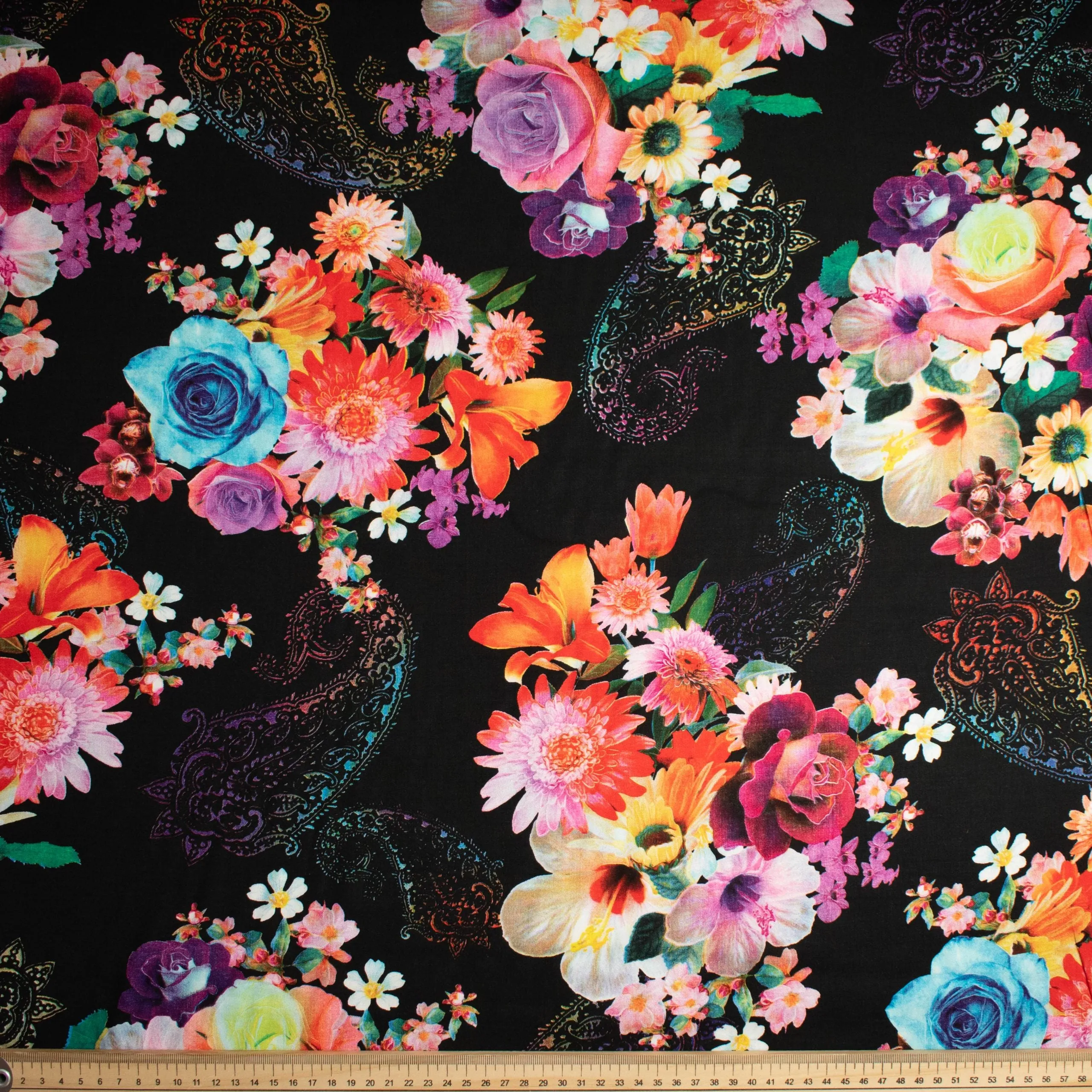 Printed Rayon Design-71 Multicolor Flowers & Paisley on Black