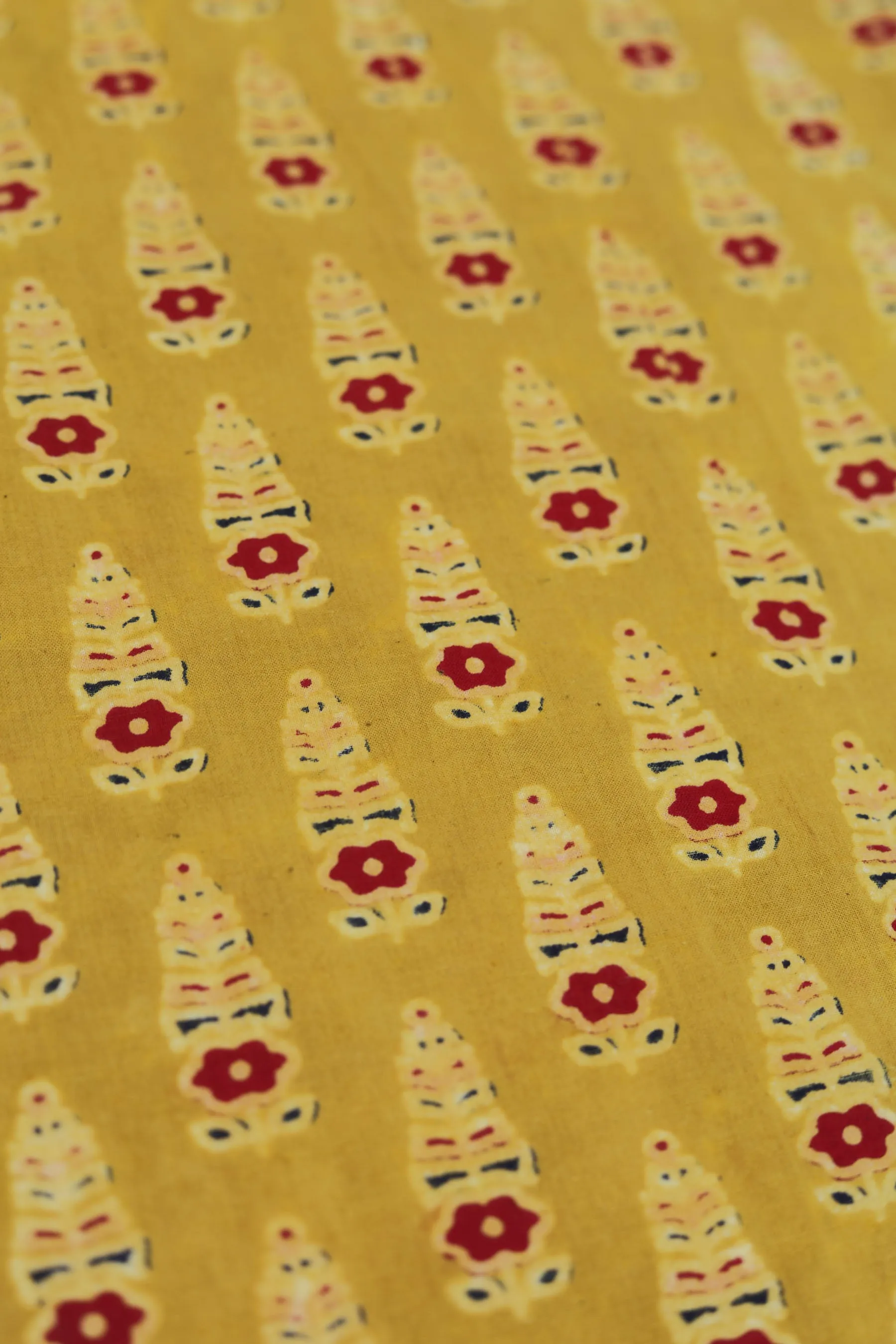 Pure Ajrakh Cotton Mustard Floral Hand Block Printed Fabric