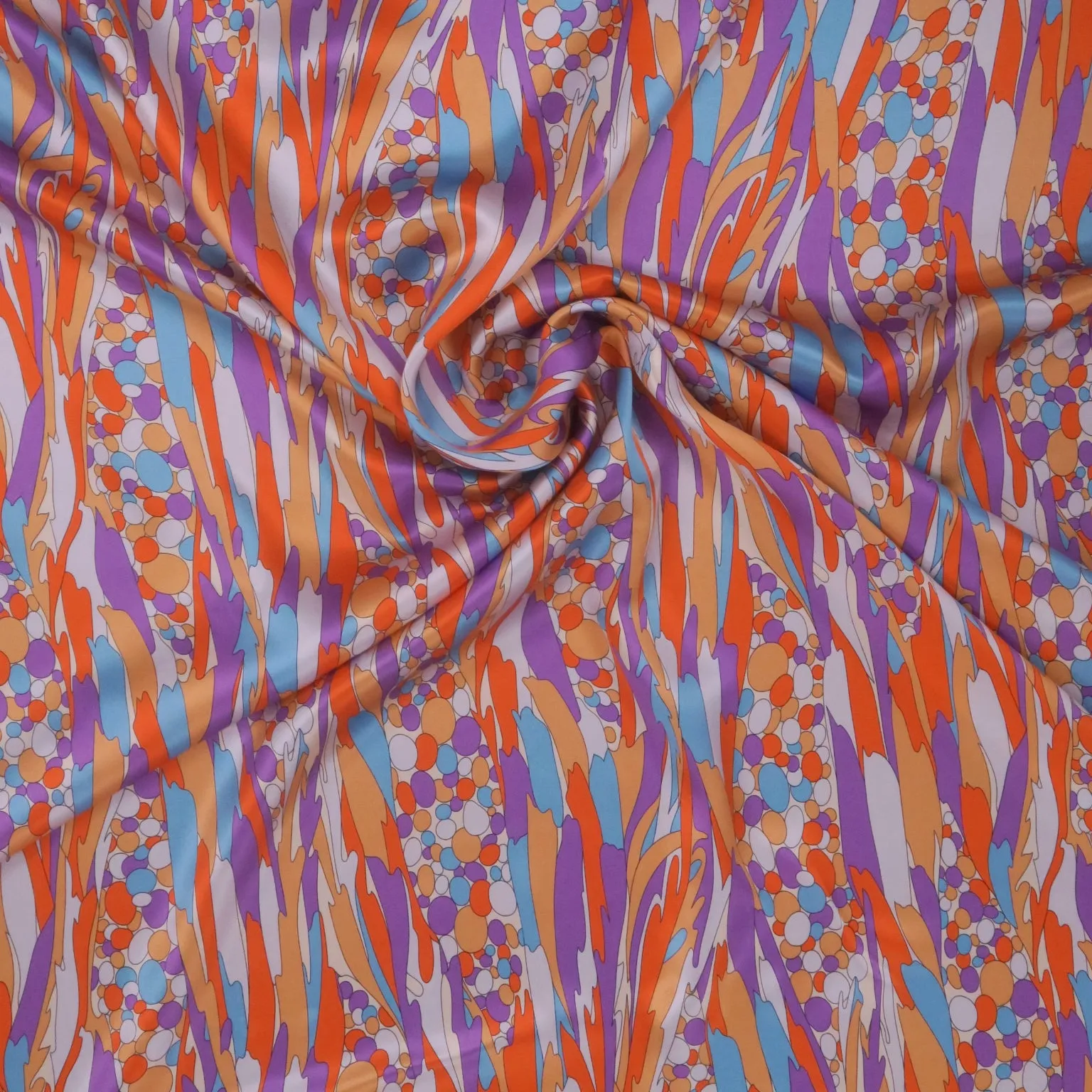 Purle Orange & White Abstract Bubbles Printed Silk Charmeuse Fabric