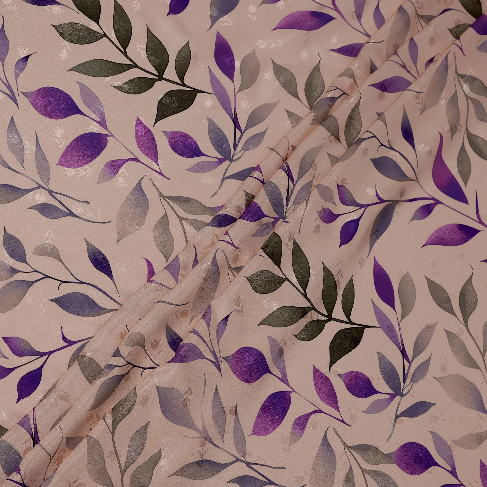 Purple and Gray Leaf Print Pure Silk Satin Fabric, 140 cm Width, Made in Italy -D21161