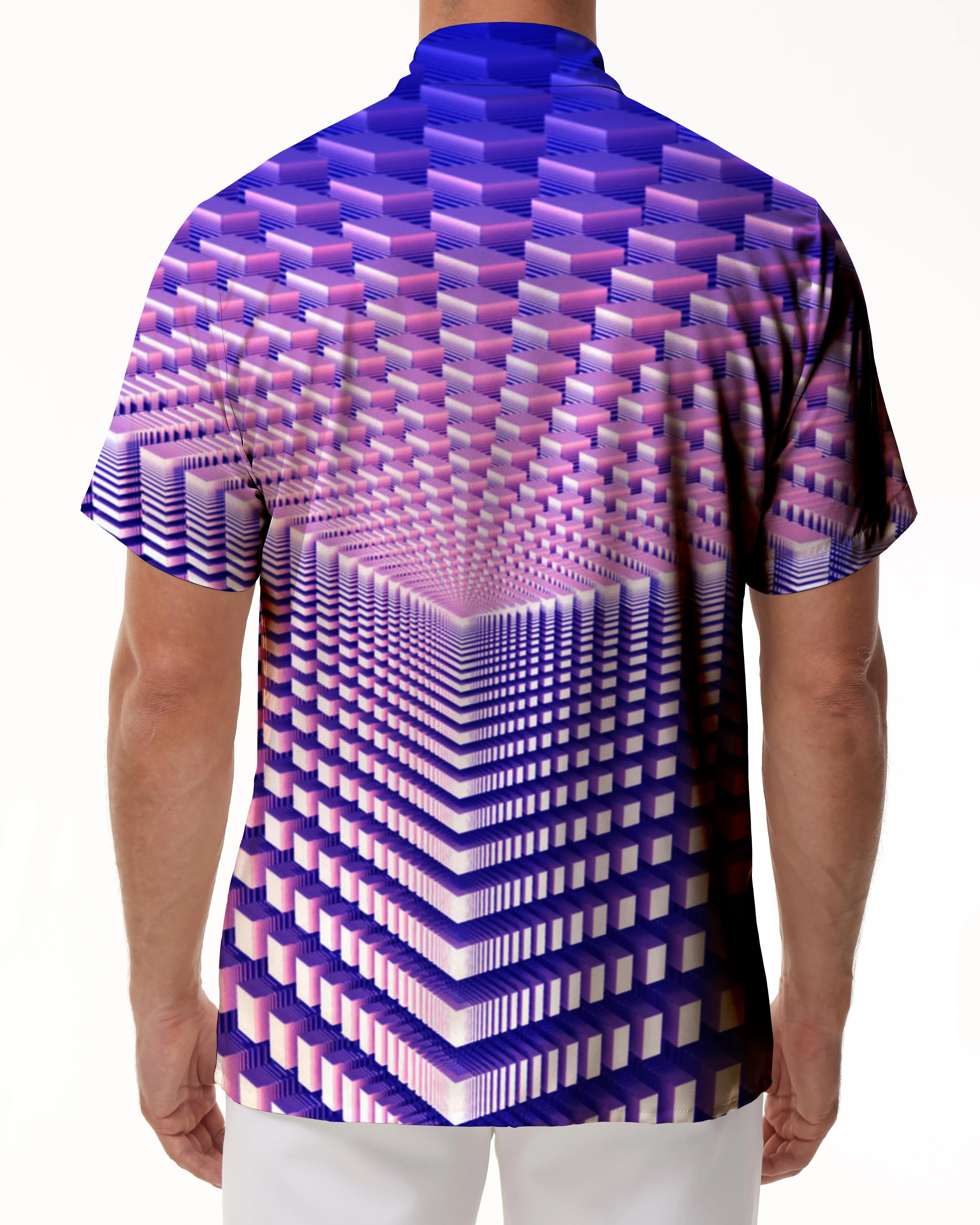 Purple Block Geometric Casual Hawaiian Men's Button Print Shirt Short Sleeve Beachwear