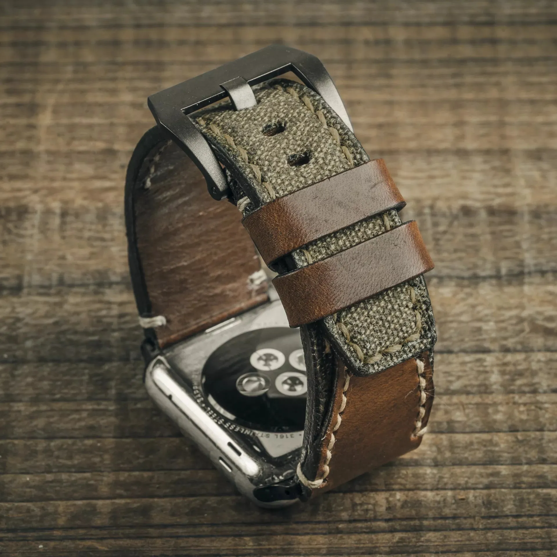 "Salt & Pepper" Swiss Army Rucksack Handmade Strap, Brown Leather (for Apple Watch)