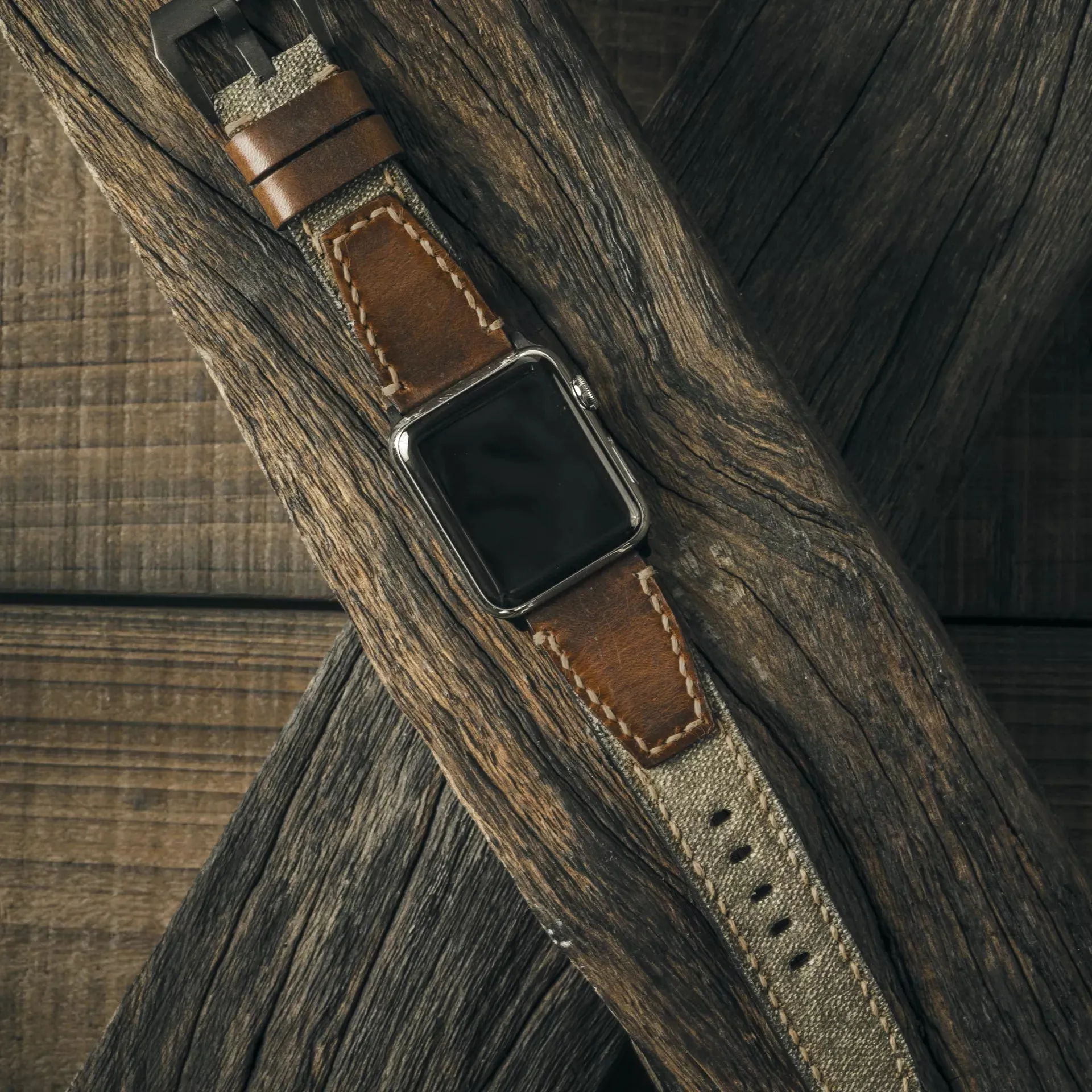 "Salt & Pepper" Swiss Army Rucksack Handmade Strap, Brown Leather (for Apple Watch)