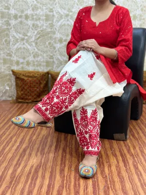 Red Design - 2  Elegant Patiala Salwar Set with Pure Cotton Chikankari Kurti