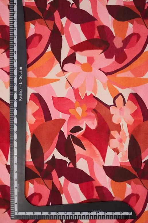 Red Orange Abstract Floral Motif Pattern Printed Natural Muslin Silk Fabric