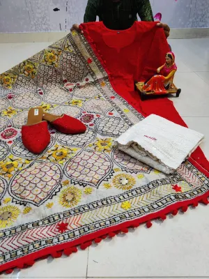 Red Pure Cotton Phulkari Suit with Beautiful Handmade Mirror Work Shopping Online