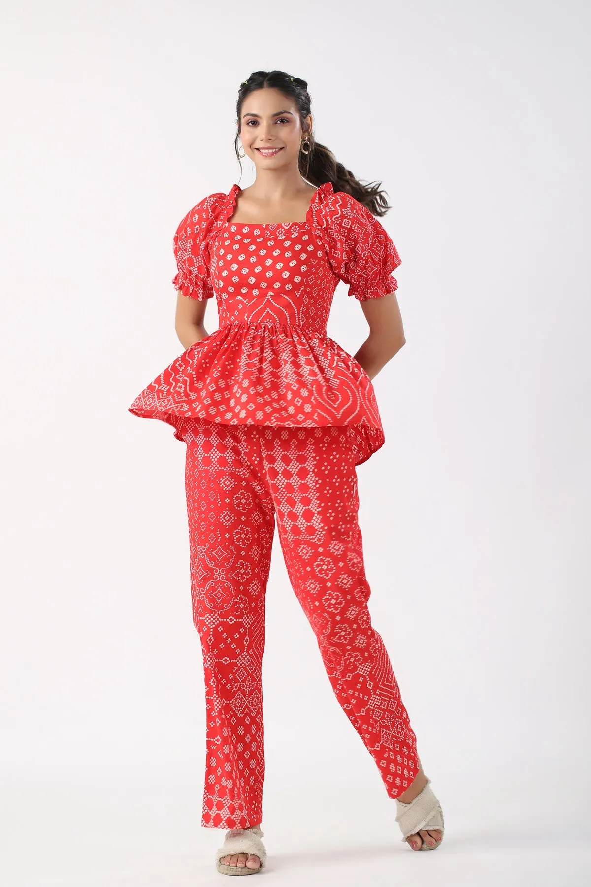 Retro Bhandani Red Cotton Co ord Set