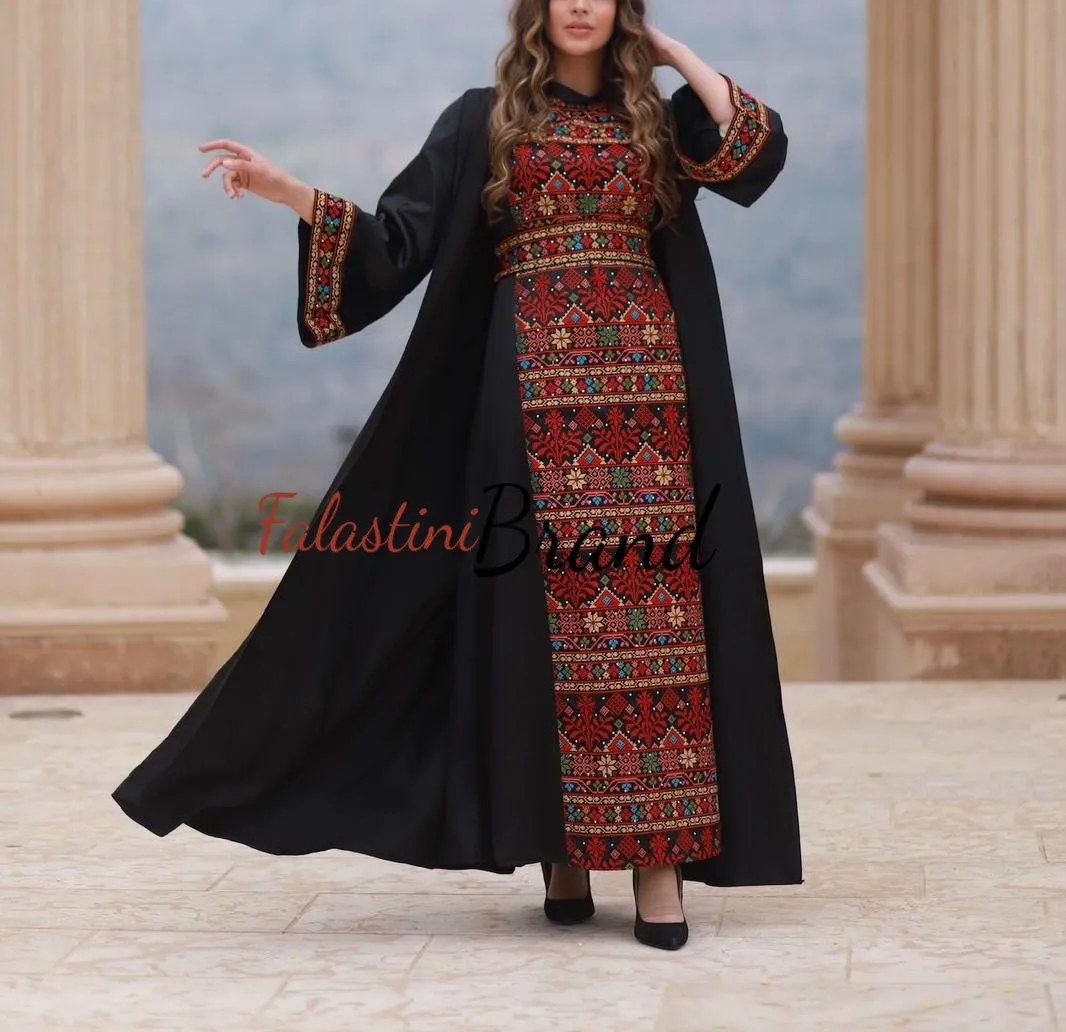 Royal Black Embroidered Dress and Abaya Set with Colored Embroidery