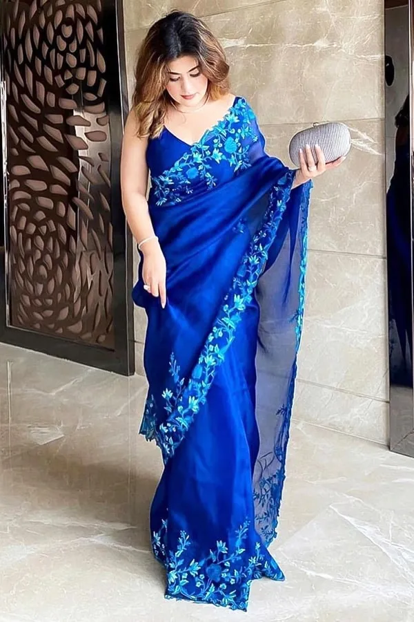 Royal blue pure organza silk Saree 2021