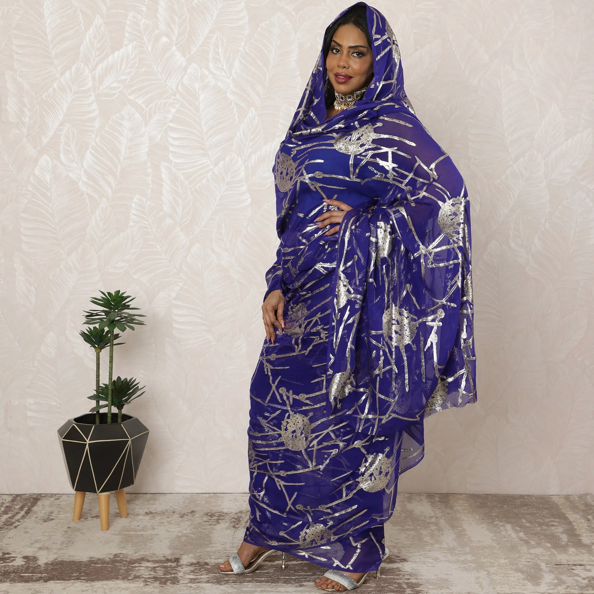 Royal Blue Sudanese Thobe Fabric in Pure Silk Chiffon with Metallic Lurex, 4.5 Meters, 110 cm Width-D20395