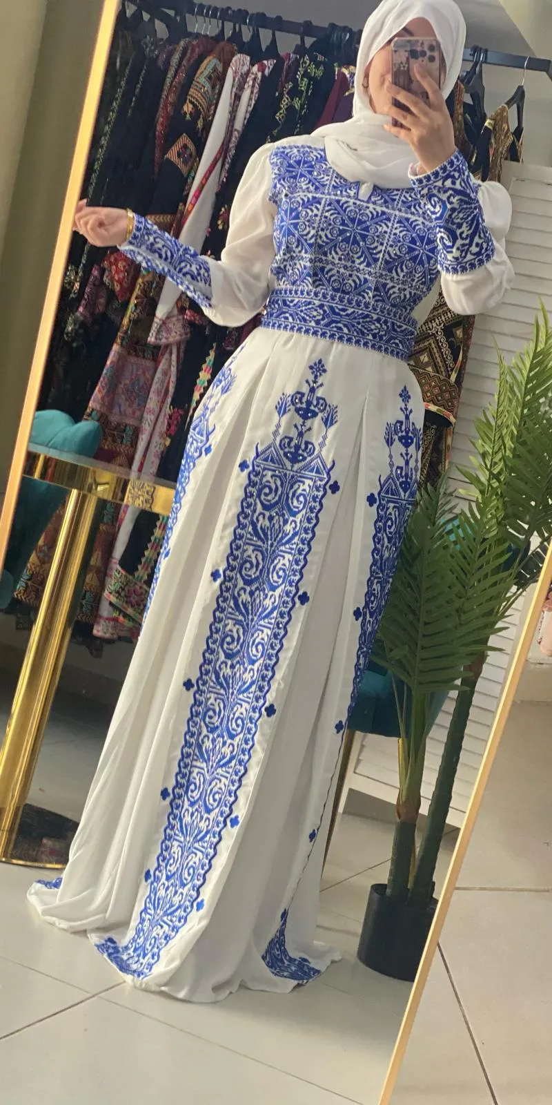 Royal White Dress with Unique Blue Embroidery and Long Tail