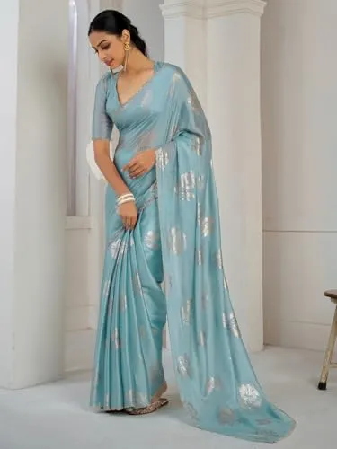 SAREE MALL Women's Light Blue Pure Silk Foil Printed Saree With Unstitched Blouse (MAHEK1021D_MK)