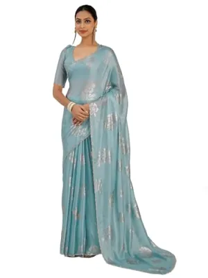 SAREE MALL Women's Light Blue Pure Silk Foil Printed Saree With Unstitched Blouse (MAHEK1021D_MK)