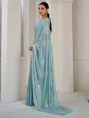 SAREE MALL Women's Light Blue Pure Silk Foil Printed Saree With Unstitched Blouse (MAHEK1021D_MK)