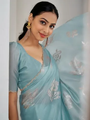 SAREE MALL Women's Light Blue Pure Silk Foil Printed Saree With Unstitched Blouse (MAHEK1021D_MK)