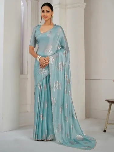 SAREE MALL Women's Light Blue Pure Silk Foil Printed Saree With Unstitched Blouse (MAHEK1021D_MK)