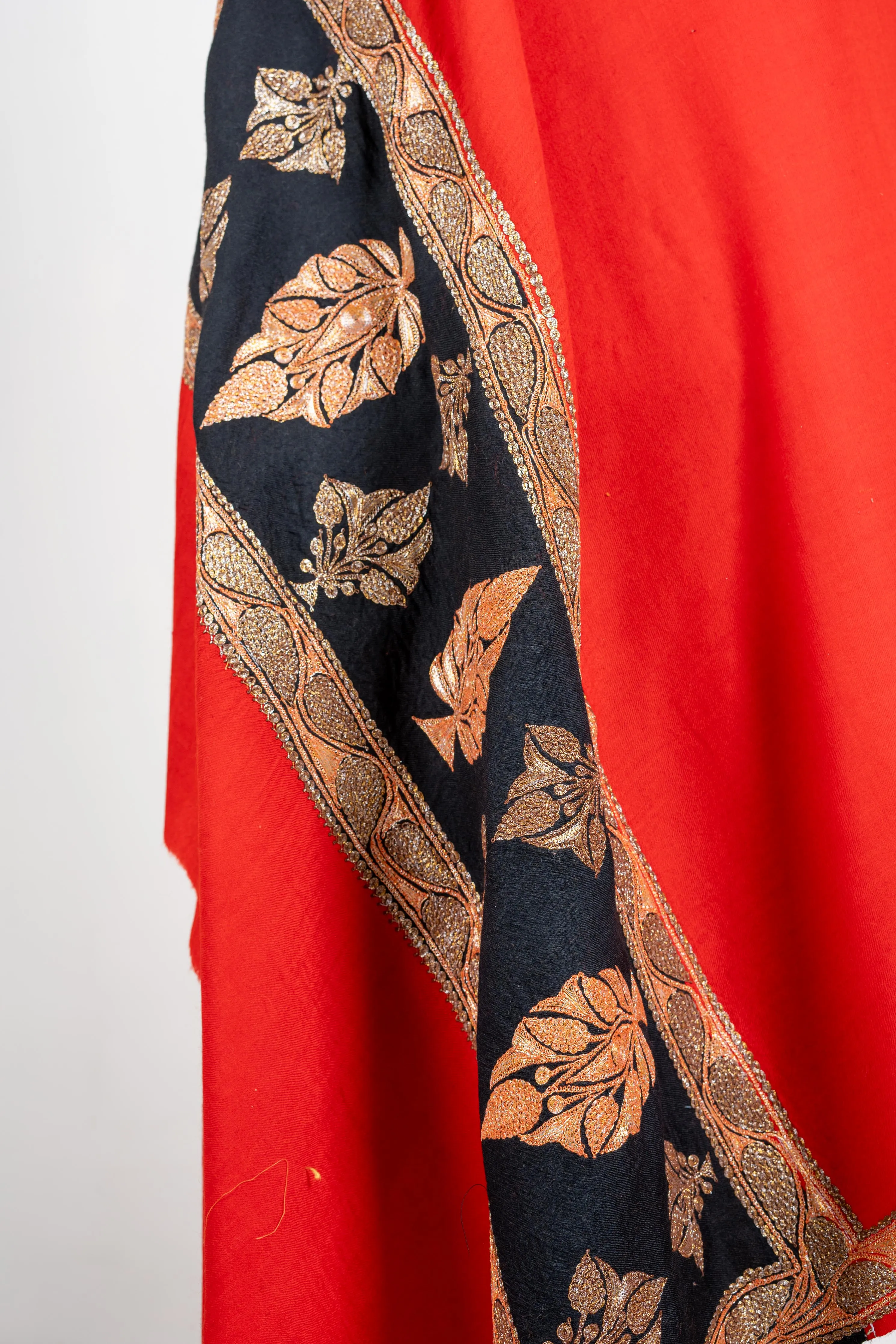 Scarlet Bloom Merino Wool Shawl with Tilla-Embroidered Leaves