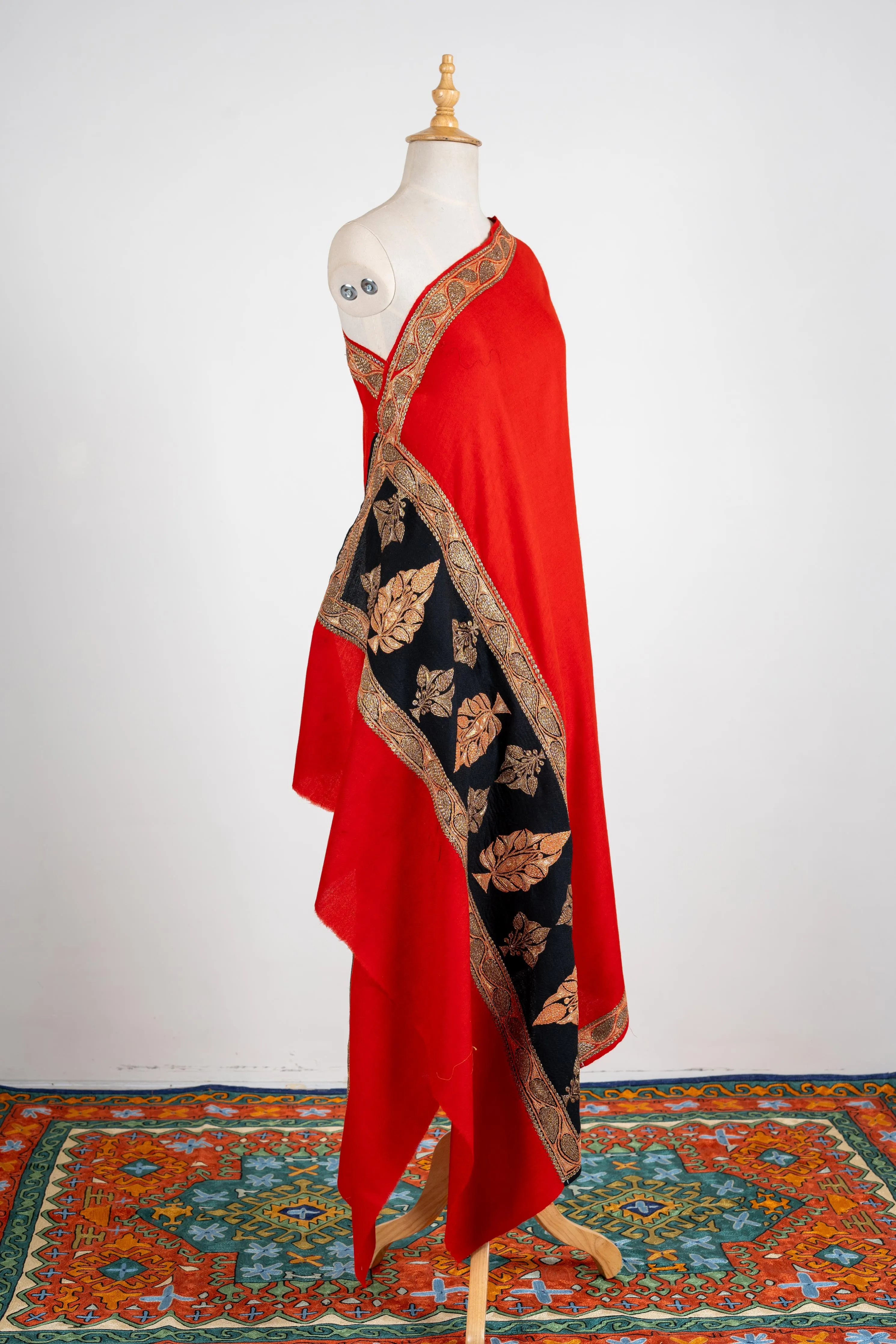 Scarlet Bloom Merino Wool Shawl with Tilla-Embroidered Leaves