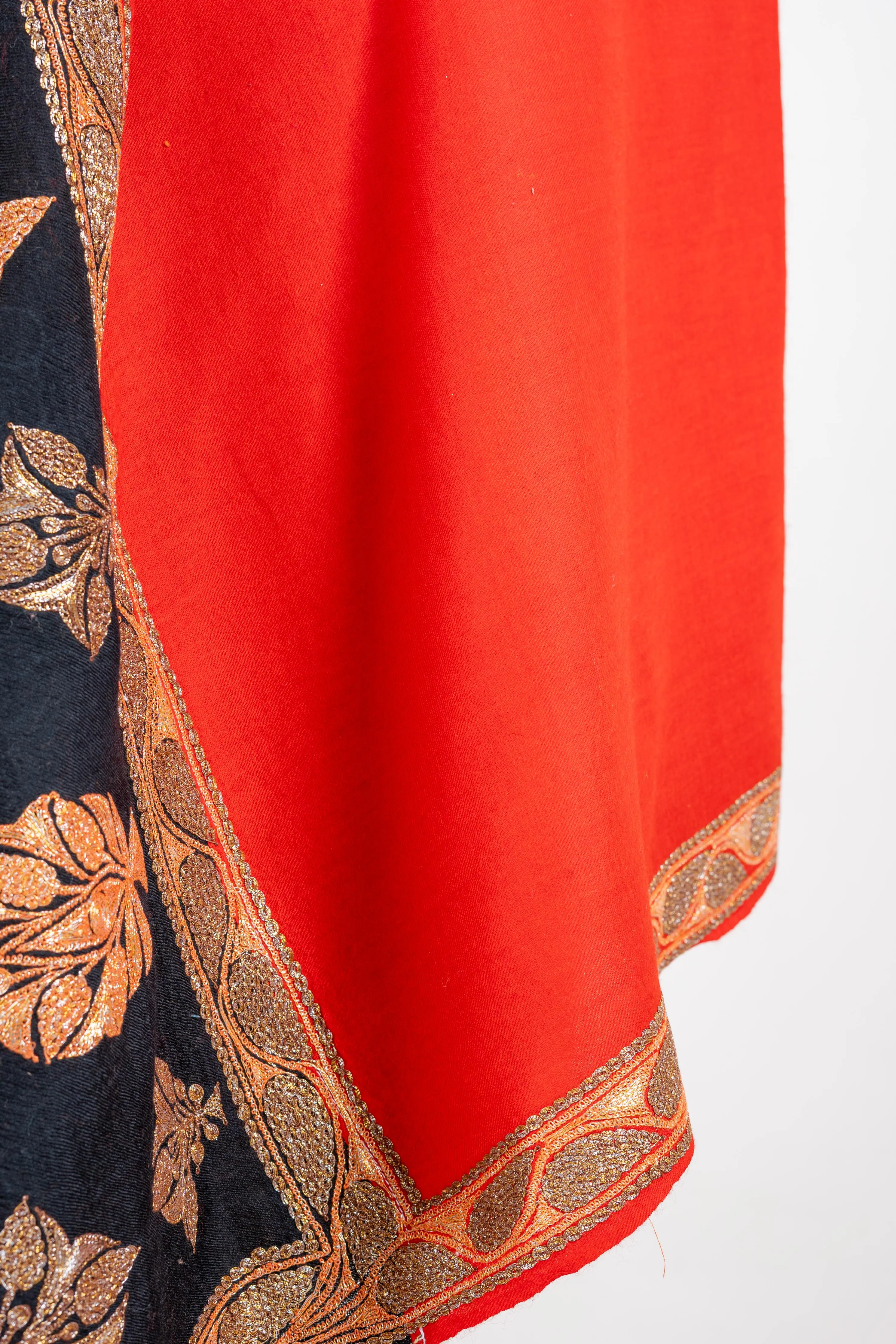 Scarlet Bloom Merino Wool Shawl with Tilla-Embroidered Leaves