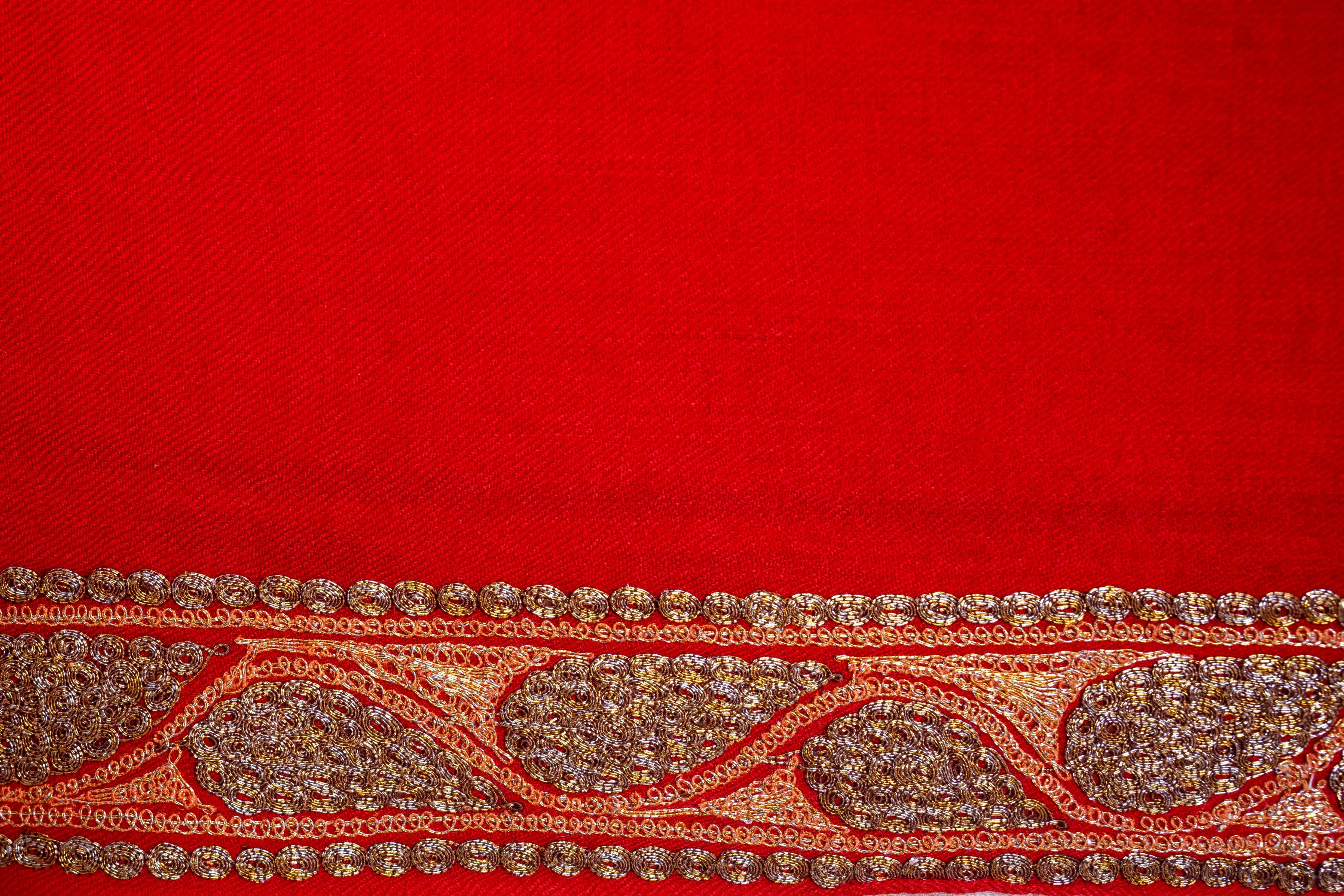 Scarlet Bloom Merino Wool Shawl with Tilla-Embroidered Leaves