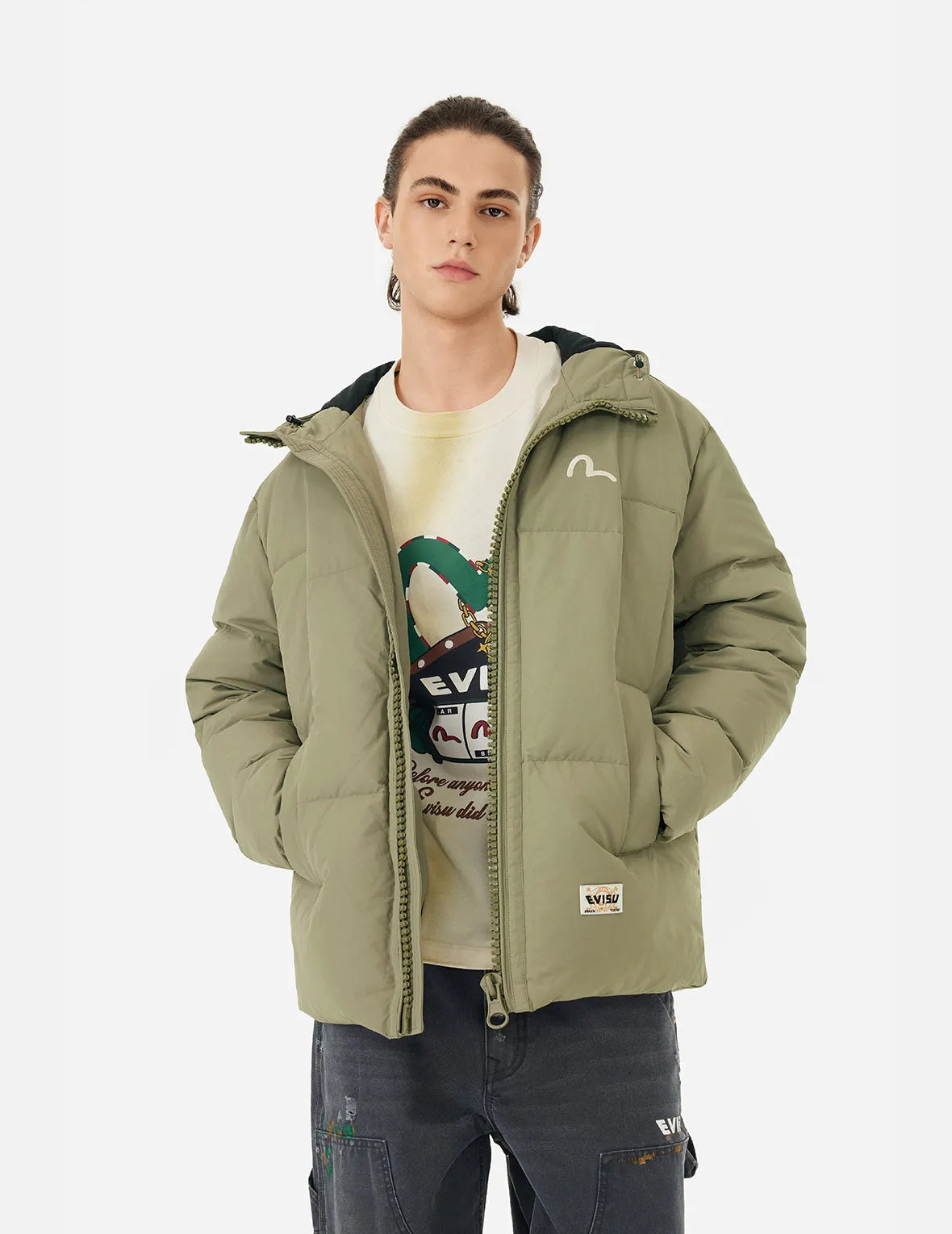 Seagull Embroidery Loose Fit Down Jacket