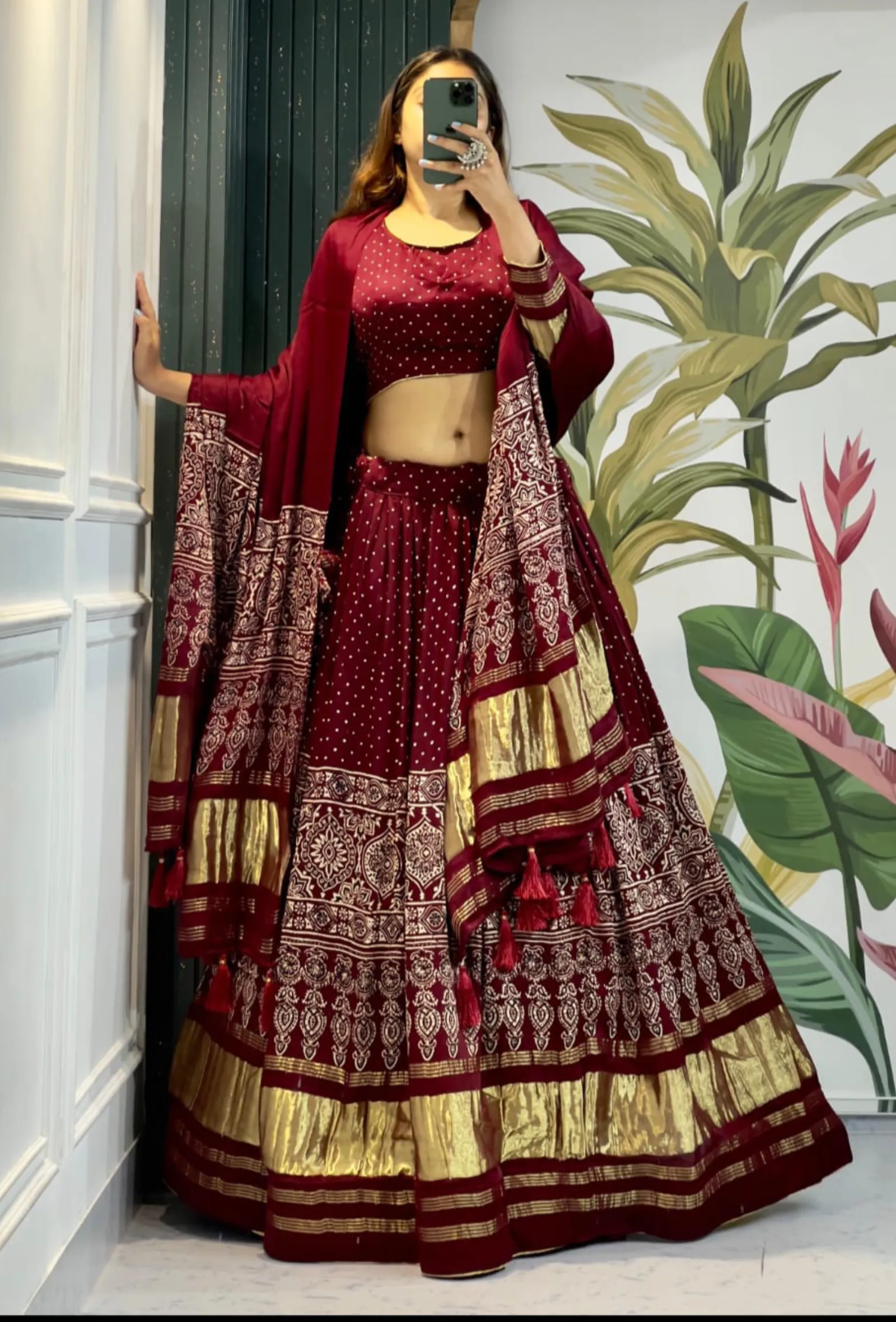 Set of 3 Ajrakh Printed Red Lehenga Set