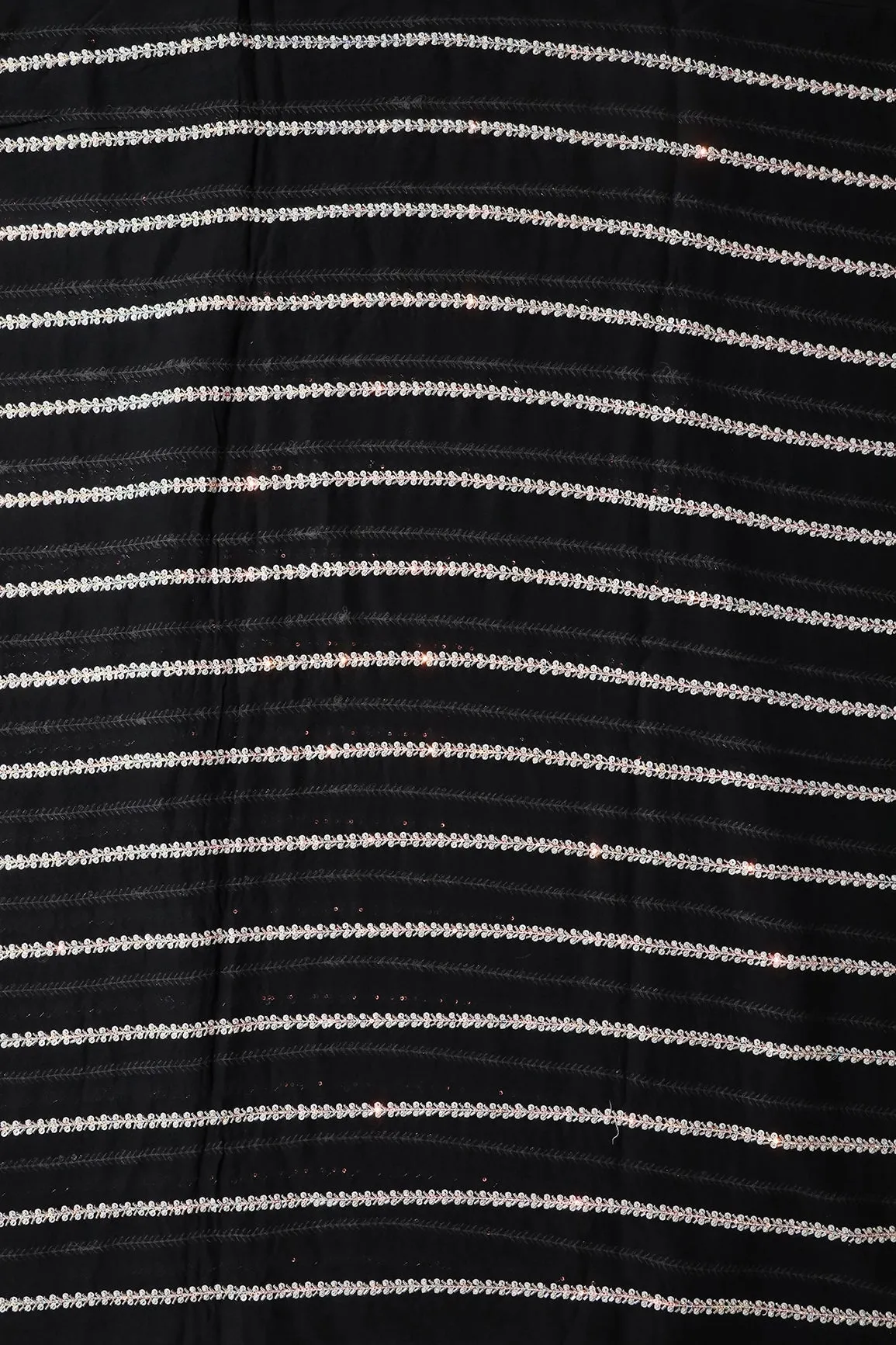 Silver Beads With Sequins Beautiful Stripes Handwork Embroidery On Black Viscose Georgette Fabric