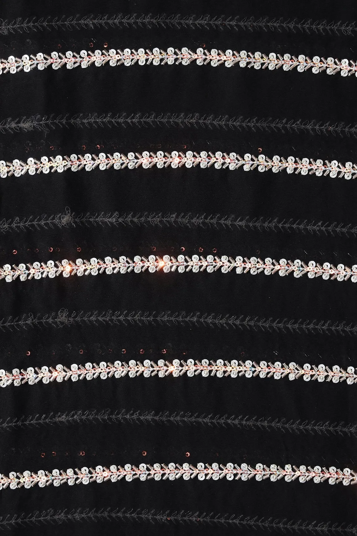 Silver Beads With Sequins Beautiful Stripes Handwork Embroidery On Black Viscose Georgette Fabric