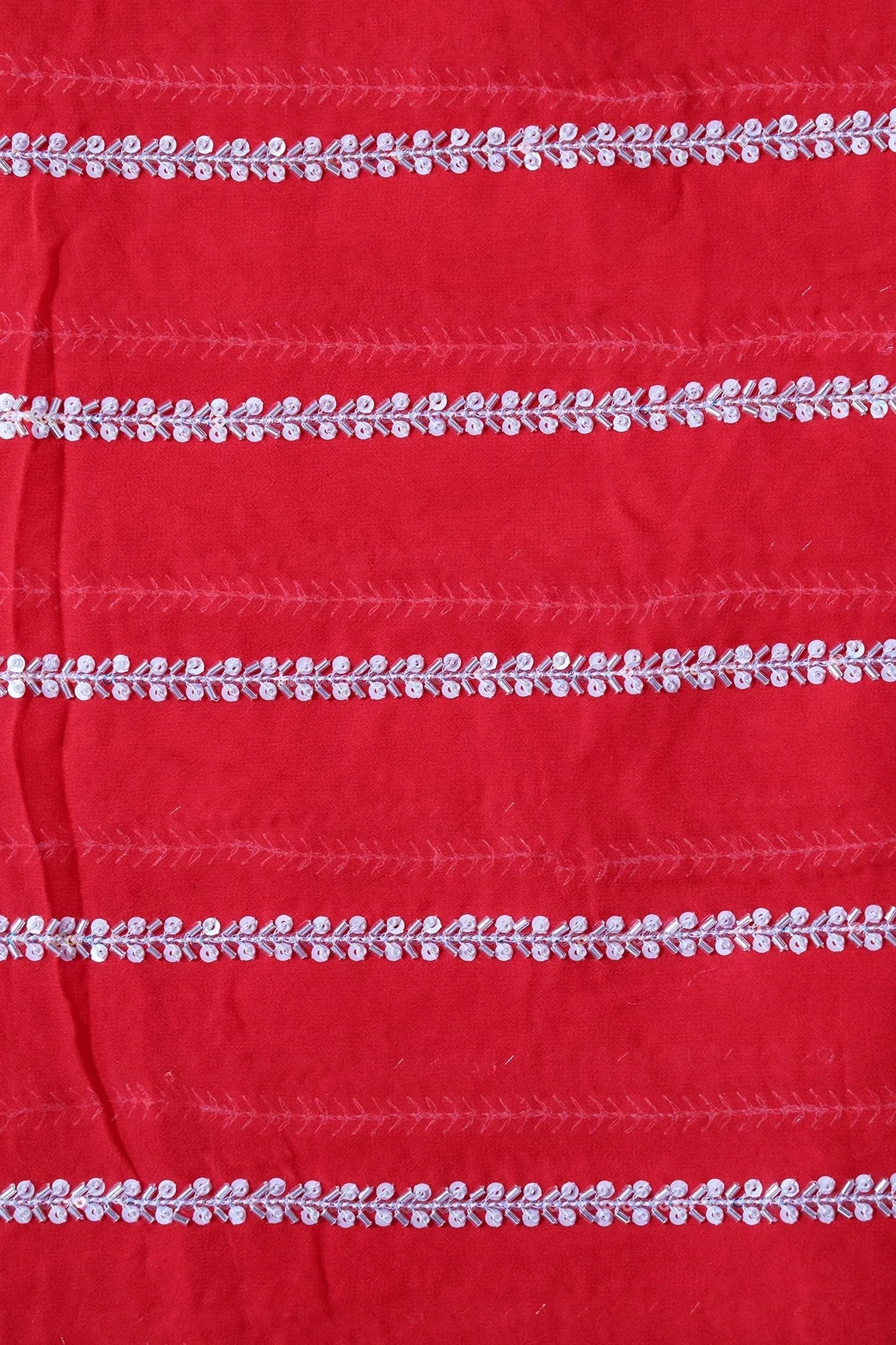 Silver Beads With Sequins Beautiful Stripes Handwork Embroidery On Red Viscose Georgette Fabric