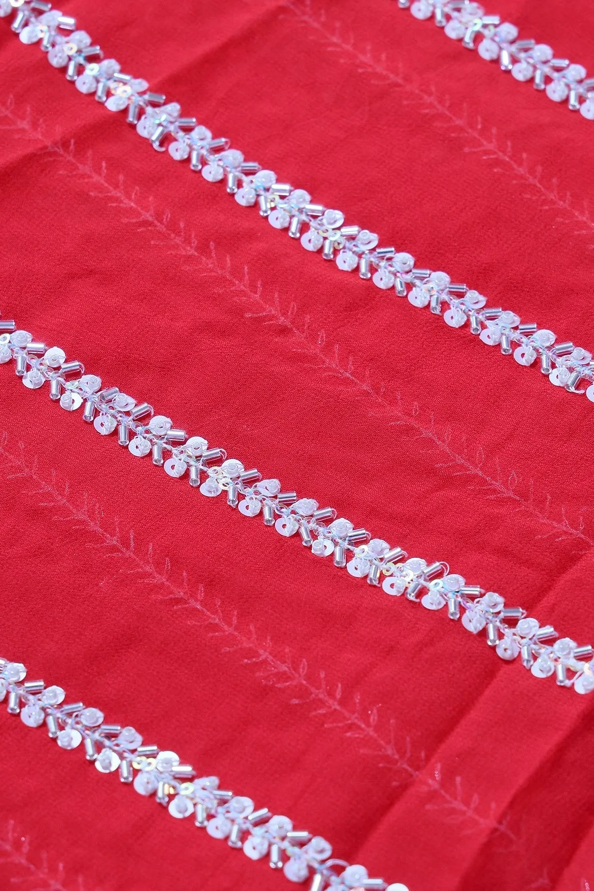 Silver Beads With Sequins Beautiful Stripes Handwork Embroidery On Red Viscose Georgette Fabric