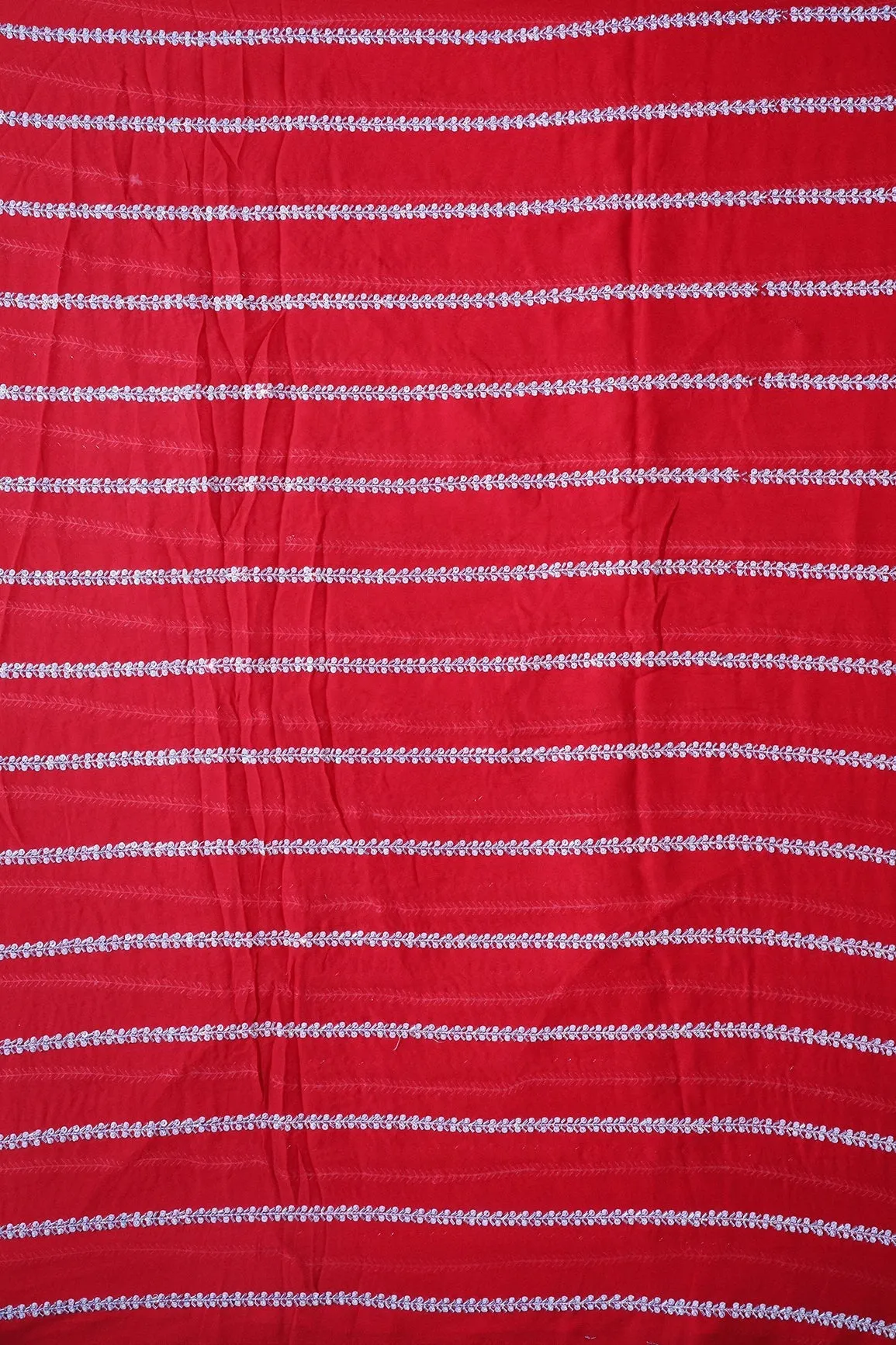 Silver Beads With Sequins Beautiful Stripes Handwork Embroidery On Red Viscose Georgette Fabric