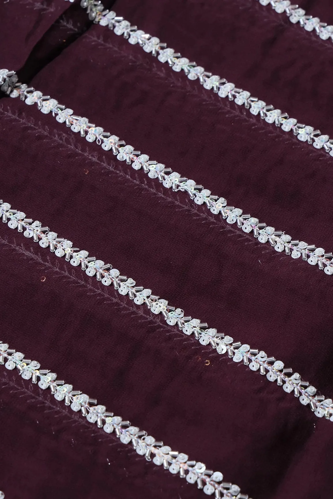 Silver Beads With Sequins Beautiful Stripes Handwork Embroidery On Wine Viscose Georgette Fabric