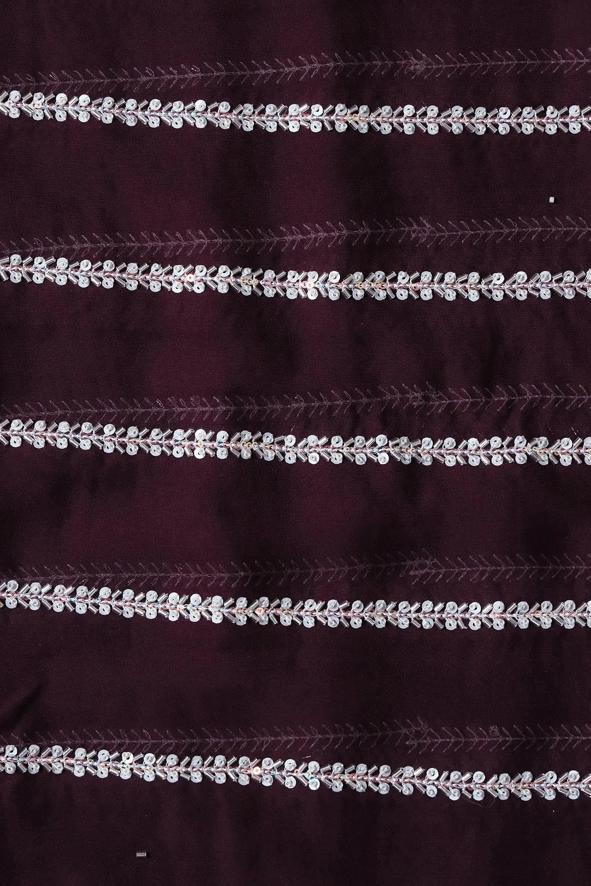 Silver Beads With Sequins Beautiful Stripes Handwork Embroidery On Wine Viscose Georgette Fabric