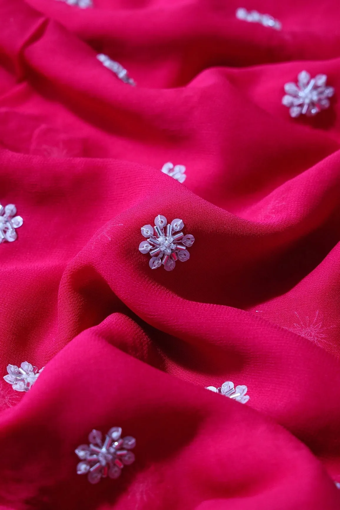 Silver Beads With Sequins Small Floral Handwork Embroidery On Fuchsia Viscose Georgette Fabric