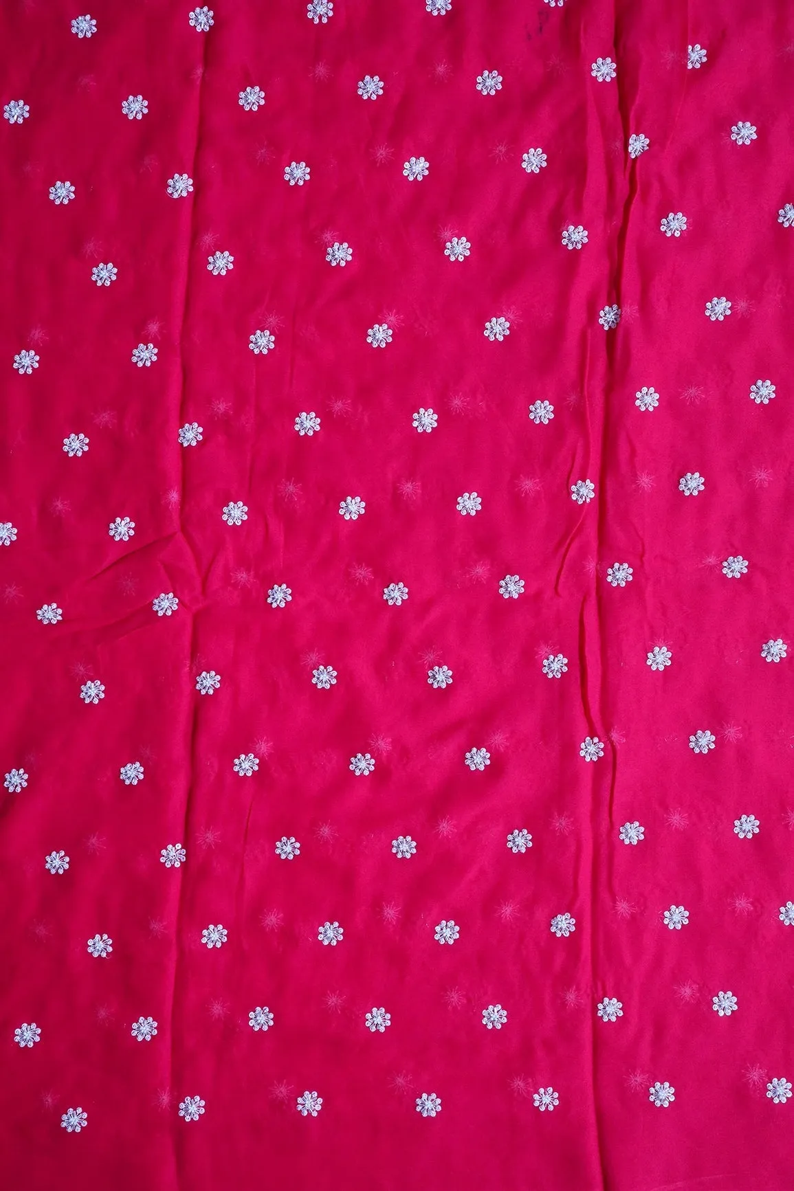 Silver Beads With Sequins Small Floral Handwork Embroidery On Fuchsia Viscose Georgette Fabric