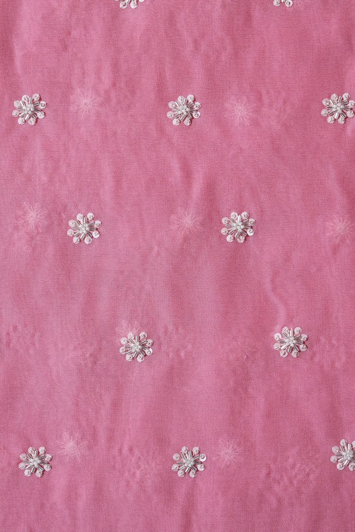 Silver Beads With Sequins Small Floral Handwork Embroidery On Thulian Pink Viscose Georgette Fabric