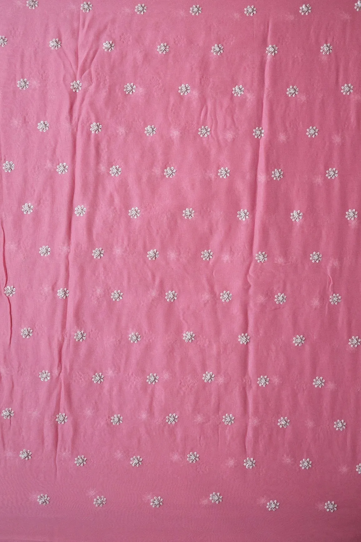 Silver Beads With Sequins Small Floral Handwork Embroidery On Thulian Pink Viscose Georgette Fabric