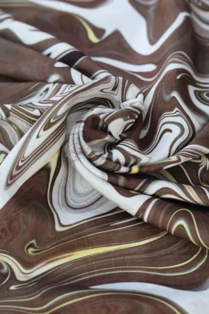 Silver Brown Marble Printed Natural Muslin Silk Fabric