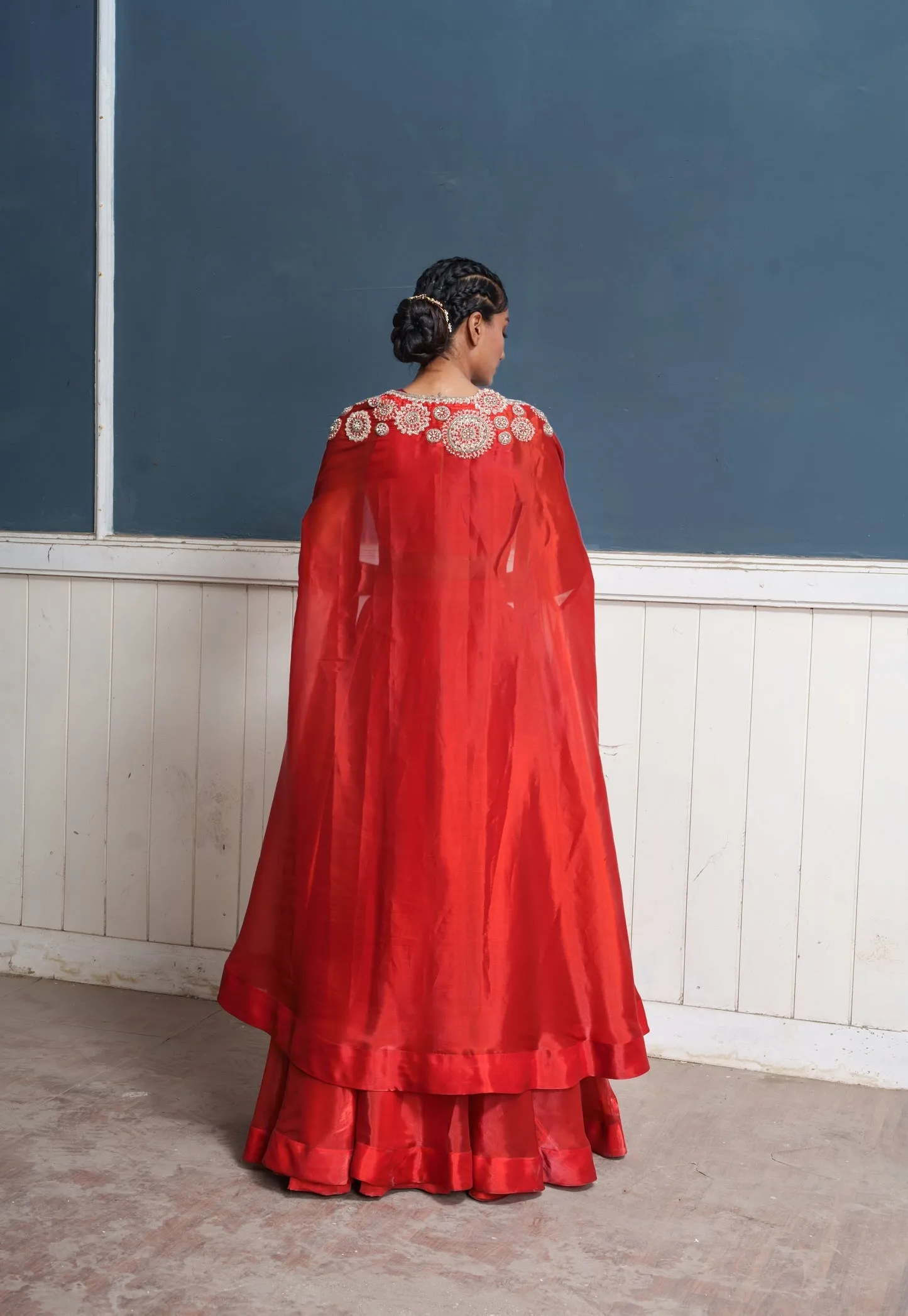 Sirius-Nakshatra Red Hand Embroidered Lehengas With Over Coat