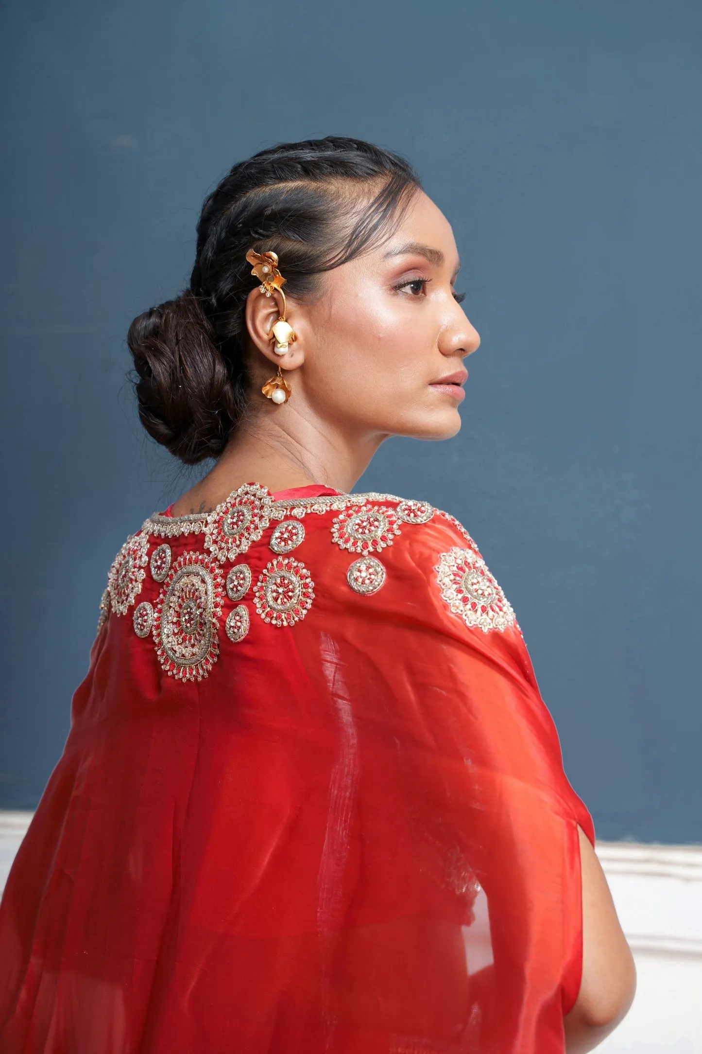 Sirius-Nakshatra Red Hand Embroidered Lehengas With Over Coat