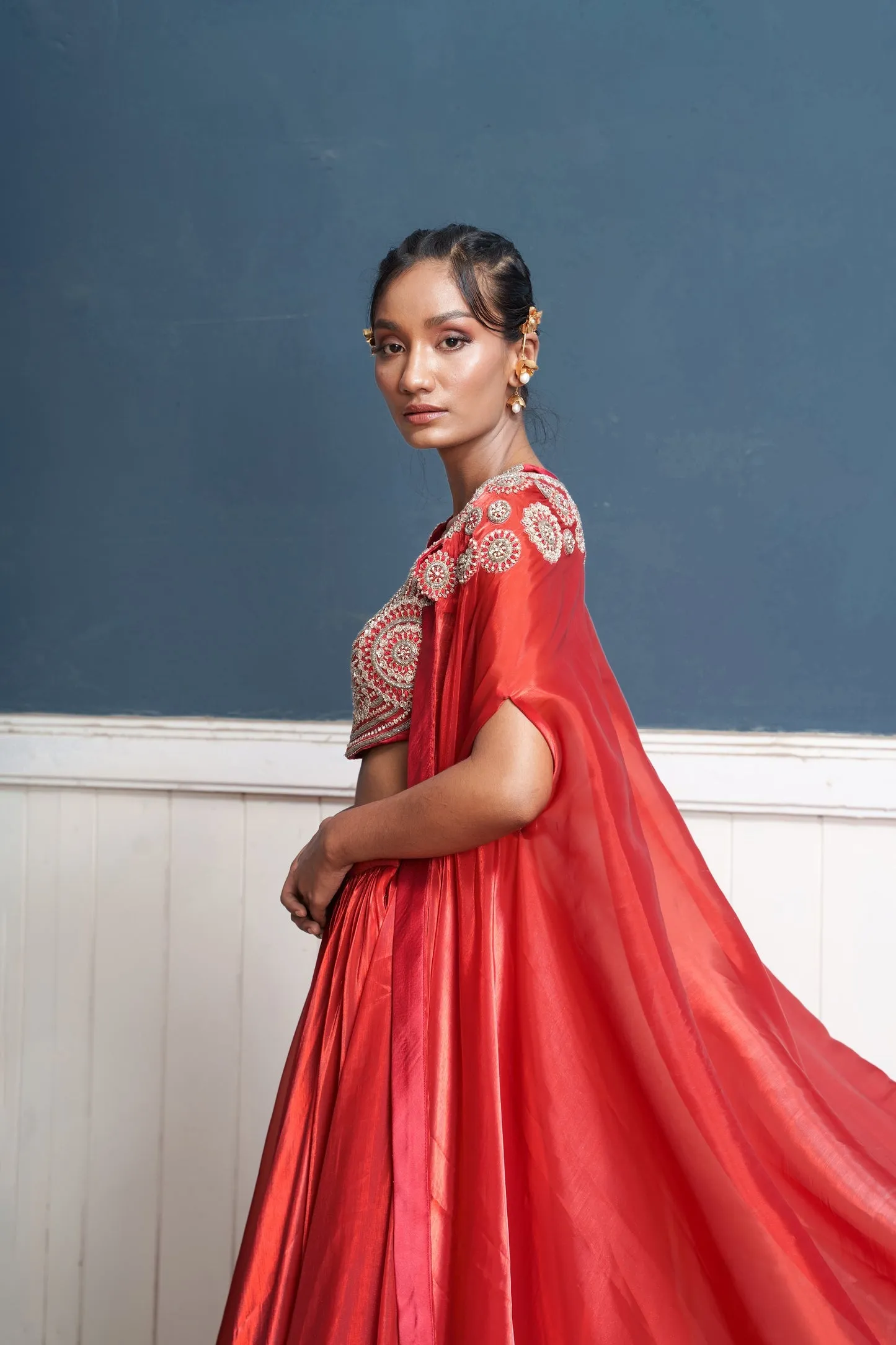 Sirius-Nakshatra Red Hand Embroidered Lehengas With Over Coat