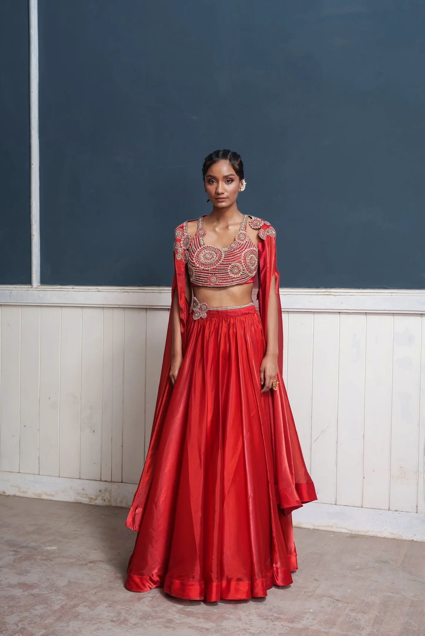 Sirius-Nakshatra Red Hand Embroidered Lehengas With Over Coat